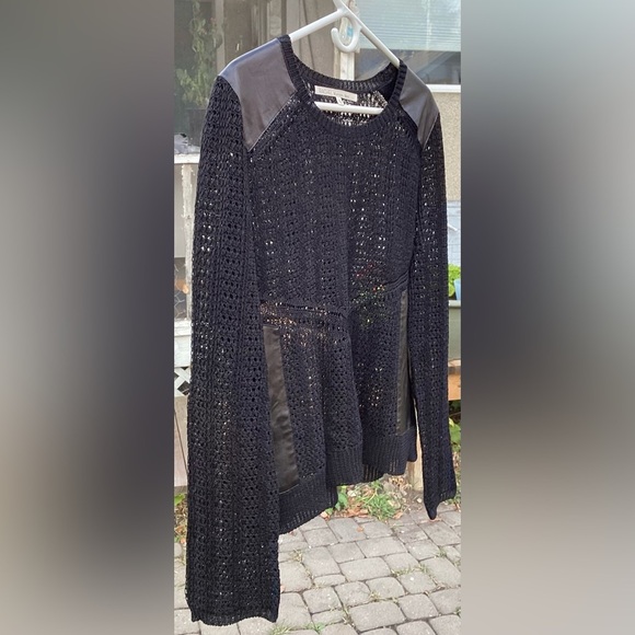Rachel Roy black open knit sweater with vegan leather detail.  XL - Picture 3 of 9